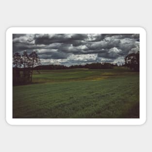 Dark moody sky over meadow and forest Sticker